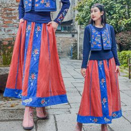 Ethnic Clothing 2022 Traditional Chinese Retro Skirt Women Harajuku Elastic Waist National Flower Embroidery Folk Style Oriental Hanfu