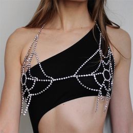 Other Sexy Spider Web Crystal Bra Chest Chain Jewelry for Women Lingerie Wear Out Body Chain Harness Festival Outfit Party 221008