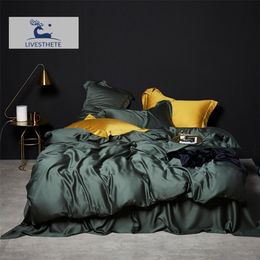 Bedding sets LivEsthete Dark Green 100% Silk Bedding Set Healthy Pure Silk Luxury Queen King Duvet Cover Flat Sheet Pillowcase Bed Linen Set 221010