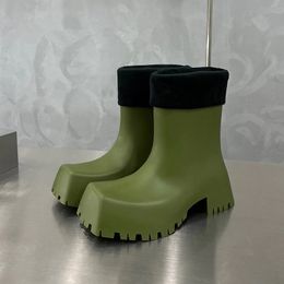 Winter Rain Boot for Woman Square Toe Thick Sole Slip-on Designer Boots Flat Platform PVC Rubber Short Boots