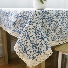 Table Cloth High Quality Lace Edge Tablecloth Decorative Cloths Linen Cover Home Decor Retro Blue Tablecloths Floral