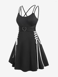 Casual Dresses ROSEGAL Gothic Lace Up Backless A Line Dress Black Female Bandage High Waisted Sleeveless Knee-Length For Women Summer