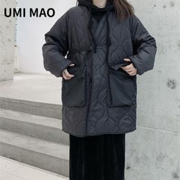 Womens Down Parkas UMI MAO Yamamotos Dark Niche Design Dark Vneck Button Padded Jacket Midlength Large Pocket Thin Loose Padded Coat Women Y2K 221010