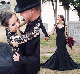 Black Gothic Mermaid Wedding Dresses Lace Applique Boho Country Illusion Long Sleeves Bridal Gowns Elegant Satin Victorian Plus Size Second Reception Dress CL1251