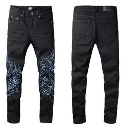 Mens Black Jeans With Blue Paint Denim Skinny Slim Biker Moto Hip Hop Straight Leg Spray On Vintage Distress Stretch for Guys Man Rip Fits