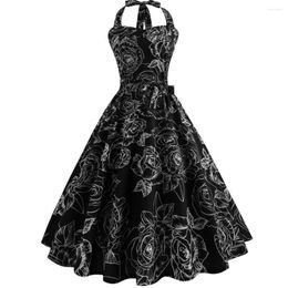 Casual Dresses Women Sexy Halter Gothic Summer A-Line Sleeveless Zipper Girl Beach Travel Floral Print Goth Punk Vintage Dress