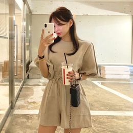 Women's Tracksuits Khaki Round Neck Bubble T-shirt Short Sleeve Top Knitwear Casual High Waist Drawstring Flower Bud Shorts Black Sets Suits