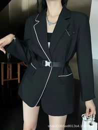 Women's Suits & Blazers autumn new triangle single collar pocket mouth color contrast base stripe design with belt suit coat