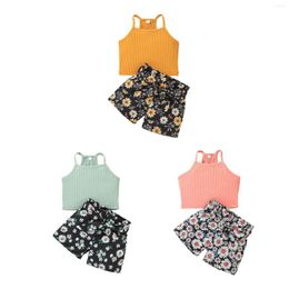 Clothing Sets Toddler Girls 2PCS Summer Outfits Sleeveless Rib Knit Strap Crop Tops Floral Belted Shorts Set
