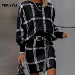 Two Piece Dress Spring Elegant Plaid Print Suit Set Women Casual O Neck Pullover Sweatshirt Mini Skirts Outfits Autumn Office Lady 2pcs Sets 221010