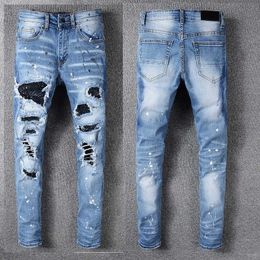 Mens Jeans Skinny Fits Denim Blue Pant for Man Biker Slim Ripped Distressed Regular Moto Fit Street Black Rivet Patches Trendy Long Straight