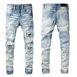 Mens Designer Jeans Denim Skinny Rock Slim Biker Moto Hip Hop Straight Leg Light Blue Patch Vintage Distress Stretch for Man Ripped Pant