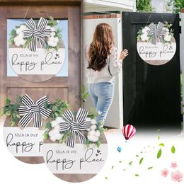 Decorative Flowers Wooden Welcome Sign Home Decor Round Doorplate Handmade Door Wall Hanging Board Pendant With Bow Tie Cotton