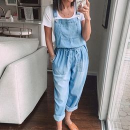 Women's Jeans Blue Denim Overalls Jumpsuit Rompers Belted Hole Hollow Out Pocket Casual Fashion Female Pants T4G 221011