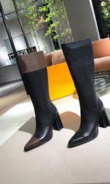 2023 high quality women's long boots fashion embossed letters leather black zipper highs heels slim pointed boot party heel