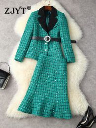 Two Piece Dress ZJYT Autumn Suits for Women Fashion Office Party Outfits Luxury Sequins Tweed Woollen Jacket Trumpet Skirt 2 Pieces Sets 221010