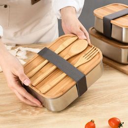 Dinnerware Sets Japanese-style Lunch Box 304 Stainless Steel Bamboo Cover For School Office Worker Students Kids Storage