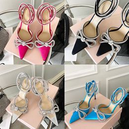 Double Bow Pumps Shoes Sandals Women Heeled Dress Shoe Crystal Embellished Rhinestone Stiletto Heels Luxury Designers Ankle Strap Mach Factory Footwear