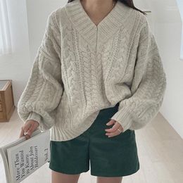 Women's Sweaters Women's Korea Chic Autumn And Winter Retro Lazy Style V-neck Woven Pattern Pullover Loose Lantern Sleeve Knitted Warm