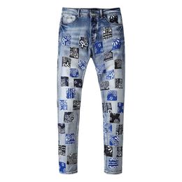 Diseñador de jeans para hombres con parches Denim Hip Hop Blue Pants Blue Biker Stretch Rock Cut Silm Fit Skinny Long Long Leg 2022 Alto Disturación