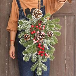 Decorative Flowers Artificial Rattan Christmas Wreaths Winter Cones Frosted Red Berries Garland Front Door Decor Holiday Window Hanging