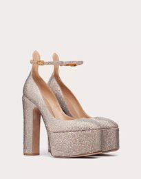 dress Shoes Tan-Go Pump Heel Pumps With Crystals top quality Platform Adjustable Ankle Strap Block