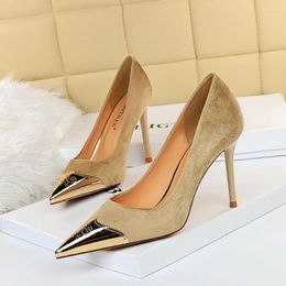 Dress Shoes Bigtree Women Pumps 9.5CM High Heels Black Flock Fashion Wedding Metal Pointed Toe Sexy Party For