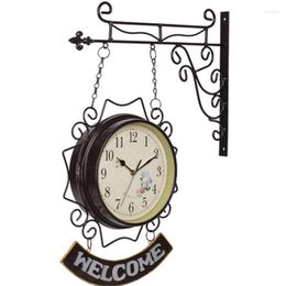 Table Clocks Mediterranean Style Wrought Iron Double-sided Wall Clock Welcome Mute Home Decoration Pendant