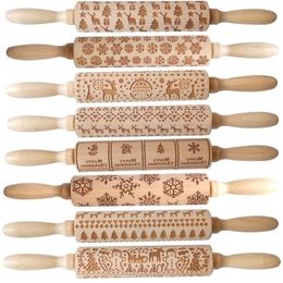 Christmas Wooden Rolling Pins Engraved Embossing-Rolling Pin with Christmas-Symbols Snowflake for Baking Embossed Biscuit 35cm SN4969