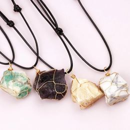 Natural Raw Stone Necklace Amethyst Rose Quartz Fluorite Citrine Crystal Pendant Woven Adjustable Necklaces Men Women Jewelry Gift
