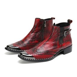 Italian Type Men's Boots Handmade Silver Metal Head Genuine Leather Ankle Boots for Men Red Party/Wedding Botas US6-12