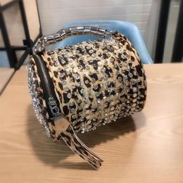 Evening Bags Fashion Women's Bag Leopard Print Handbag Diamond Crossbody Ladies Small Shoulder Bucket Rivet Rhinestone Single