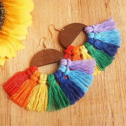 Rainbow Macrame Tassel Dangle Earrings For Women Handmade Wooden Cotton Thread Fringe Drop Earrings Bohemian Jewelry