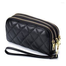 Wallets Women Long Wallet Genuine Leather 3-layer Zipper Purse Bag Large Capacity Wristlet Clutch Phone Solid Color Money Clip