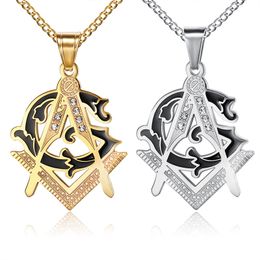 Men Stainless Steel Masonic Free Mason Pendants Freemasonry Unique Design 18K Gold Silver Big compass and square masonic signs pendant jewel