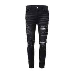 amirsity Mens Jeans Designer with Best-quality Letters Holes Black Thigh Ripped Ankle Tattered Torn Pants Rugged Knee Cut Trashed Silm Fashion Long Straight