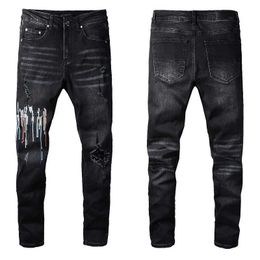 Black Skinny Jeans Stretch For Mens Biker Slim Knee Ripped With Hole Spray on Letter Paint Man Pant Splash Designer Distressed Motor Fit