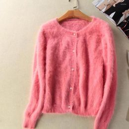 Women's Knits Open Stitch Female Real Mink Cashmere Cardigans Top Fashion Trend Show Sweater Tbsr346