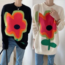 Women's Sweaters Women's Women Autumn Winter Color Block Sweater Adults Loose Cute Flower Pattern Round Neck Long Sleeve Oversize Warm