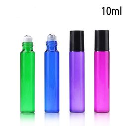 10ml Thin Empty Glass Roll On Bottle Blue Red Green Roller Bottles With Black Lid for Essential Oil Aromatherapy Perfume SN397