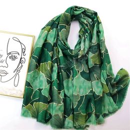 Autumn Women Viscose Scarf Lurex Gold Ginkgo Floral Fringe Hijab Shawls and Wraps Foulard Echarpe Muslim 180x90Cm