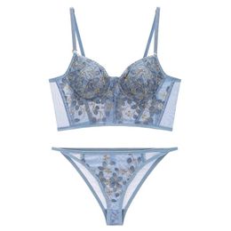 Bras Sets Vintage sexy Bra Set flower embroidery lace underwear thin soft steel ring Push Up Lingerie French Sexy bras suit 221010