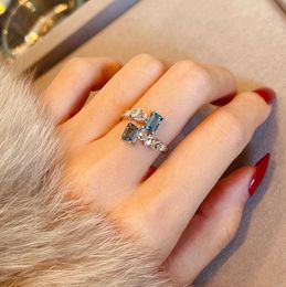 Trendy Sea Blue Zircon Stone Open Rings for Women Silver Color Square Crystal Engagement diamond Wedding Ring Gifts