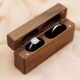 Jewellery Pouches Wedding Ring Holder Box Walnut Wood Modern For 2 Ceremony Rustic Double Storage Case