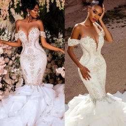 Elegant Mermaid Wedding Dresses Ivory Beaded Crystals Lace Luxurious Off The Shoulder Bridal Gowns Dress Arabic Aso Ebi