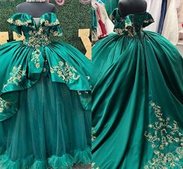 Green 2023 Quinceanera Dark Dresses Lace Applique Beaded Corset Back Off the Shoulder Satin Tiered Custom Made Sweet 16 Princess Party Ball Gown Vestidos