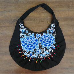 Evening Bags Bohemian Embroidered Lagre Women Black Canvas Handmade Beaded Shoulder