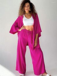 Women's Tracksuits Cardigan Wide Leg Pants Women Outfit Elegant Batwing Sleeve Shirt And Lace Up Trouser Suit Female 2022 Loose Lady Two