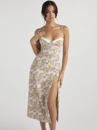 Casual Dresses Mozision Elegant Print Flower Spaghetti Strap Midi Dress For Women Gown Summer Sleeveless Backless High Split Vestido