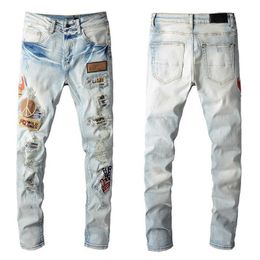 Man Jeans Skinny Slim Jeans Ripped Fit Cult Biker Moto Street for Young Mens Guys Stretch Tan Star Hand Patch Straight with Hole Denim Long